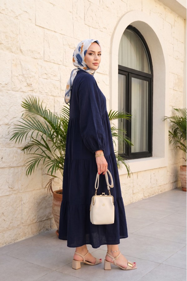 V-Neck Half-Buttoned Elasticated Sleeve Patchwork Muslin Dress -Navy blue