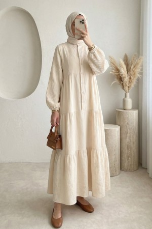 V Yaka Yarım Düğmeli Kolu Lastikli Parçalı Müslin Elbise -Taş