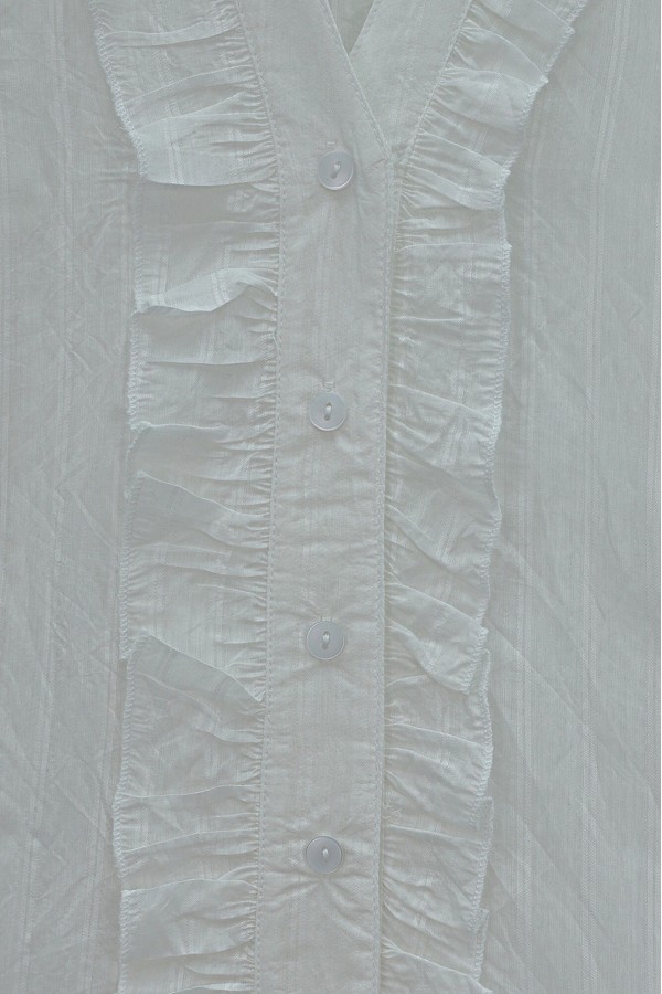 V-Neck Front Ruffled Tencel Semi-Sheer Bouquet Shirt -White