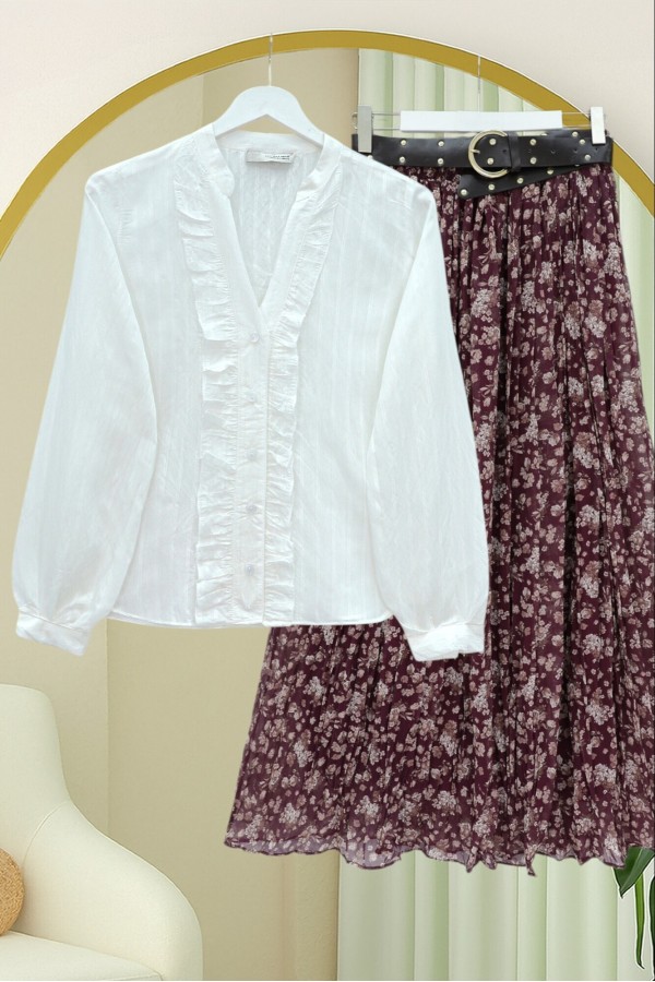 V-Neck Front Ruffled Tencel Semi-Sheer Bouquet Shirt -White