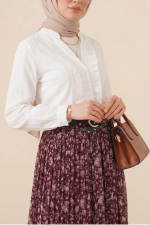 V-Neck Front Ruffled Tencel Semi-Sheer Bouquet Shirt -White