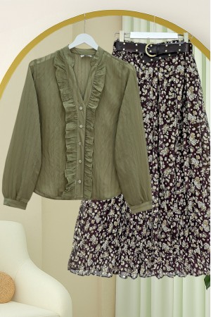 V-Neck Front Ruffled Tencel Semi-Sheer Bouquet Shirt -Khaki