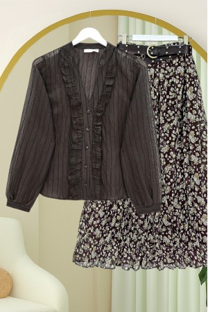 V Yaka Önü Fırfırlı Tensel Yari Transparan Buket Gömlek -K. Kahve