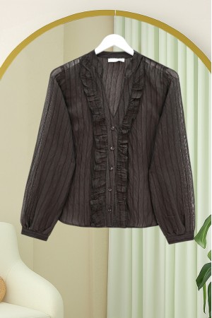 V Yaka Önü Fırfırlı Tensel Yari Transparan Buket Gömlek -K. Kahve