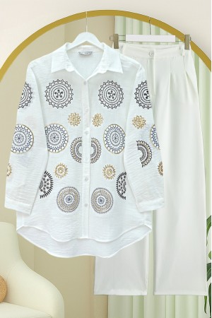 Kolu Ve Önü Nakış İşlemeli Düğmeli Keten Gömlek -Beyaz