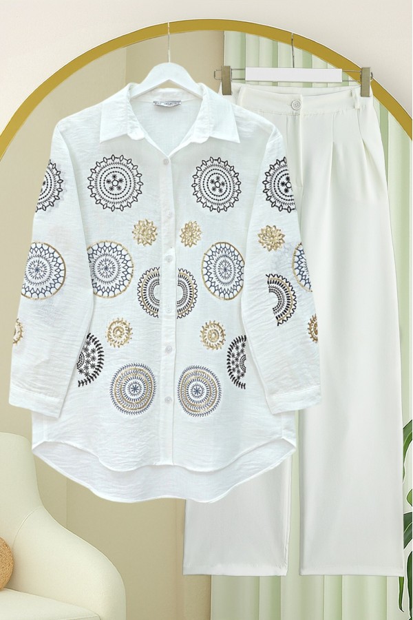 Buttoned Linen Shirt with Embroidered Sleeves and Front -White