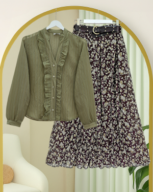 Çiçek Desenli Astarlı Kalın Kemerli Şifon Etek -Haki