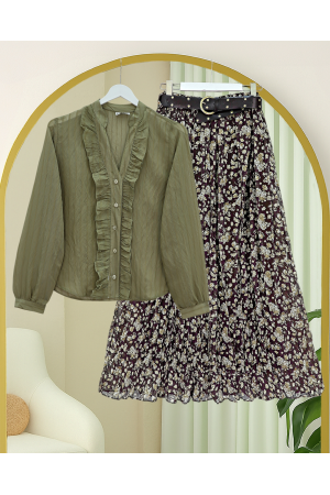 تنورة شيفون مبطنة بنقوش زهرية مع حزام سميك -خاكي