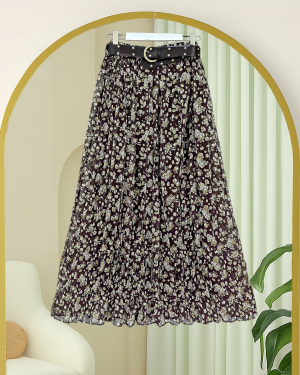 Çiçek Desenli Astarlı Kalın Kemerli Şifon Etek -Haki