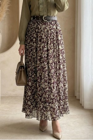 Çiçek Desenli Astarlı Kalın Kemerli Şifon Etek -Haki