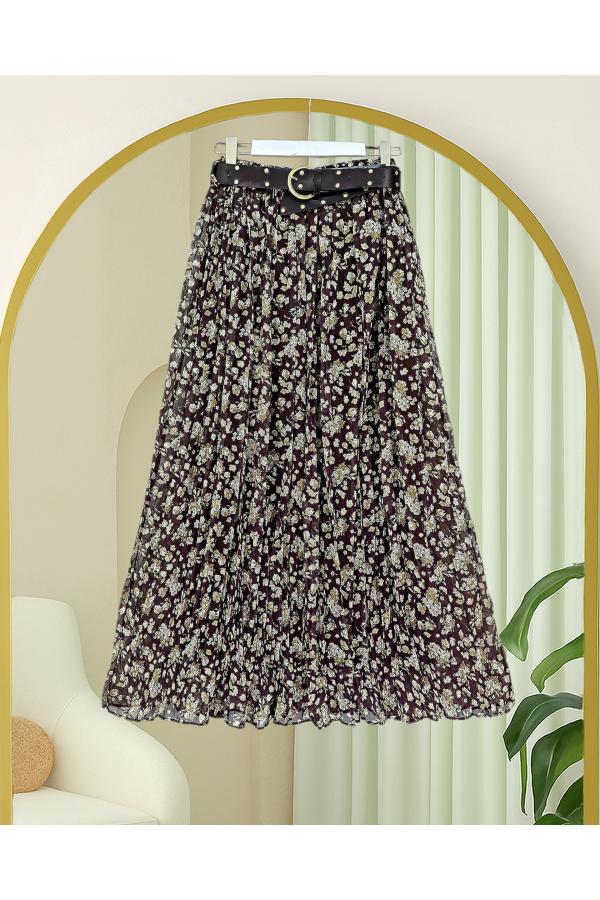 Floral Patterned Lined Chiffon Skirt with Thick Belt -Khaki