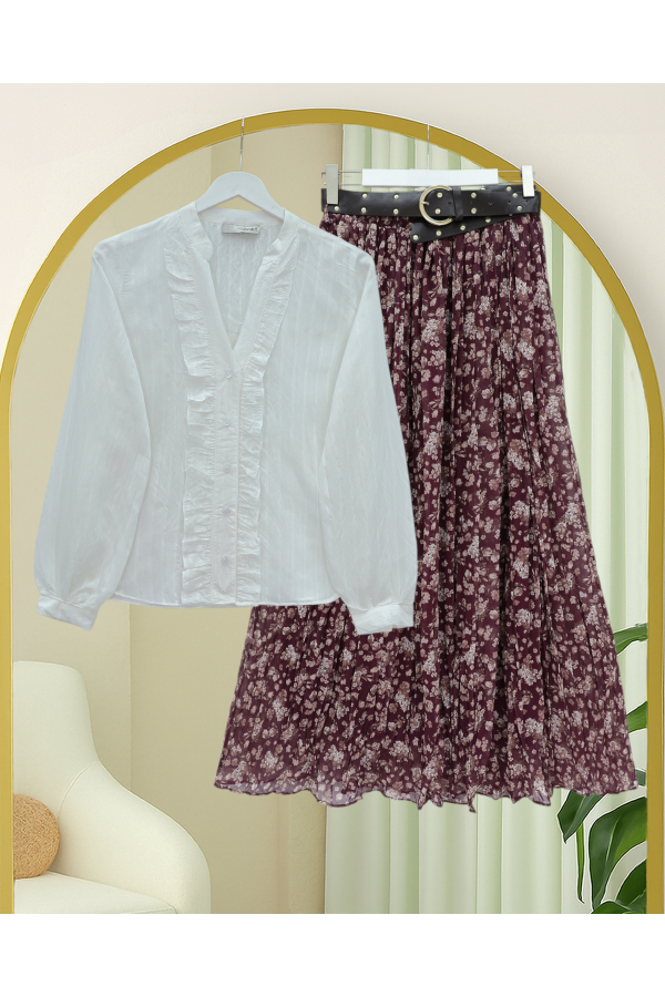 Floral Patterned Lined Chiffon Skirt with Thick Belt -Damson