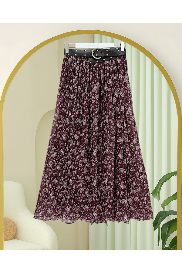 Floral Patterned Lined Chiffon Skirt with Thick Belt -Damson