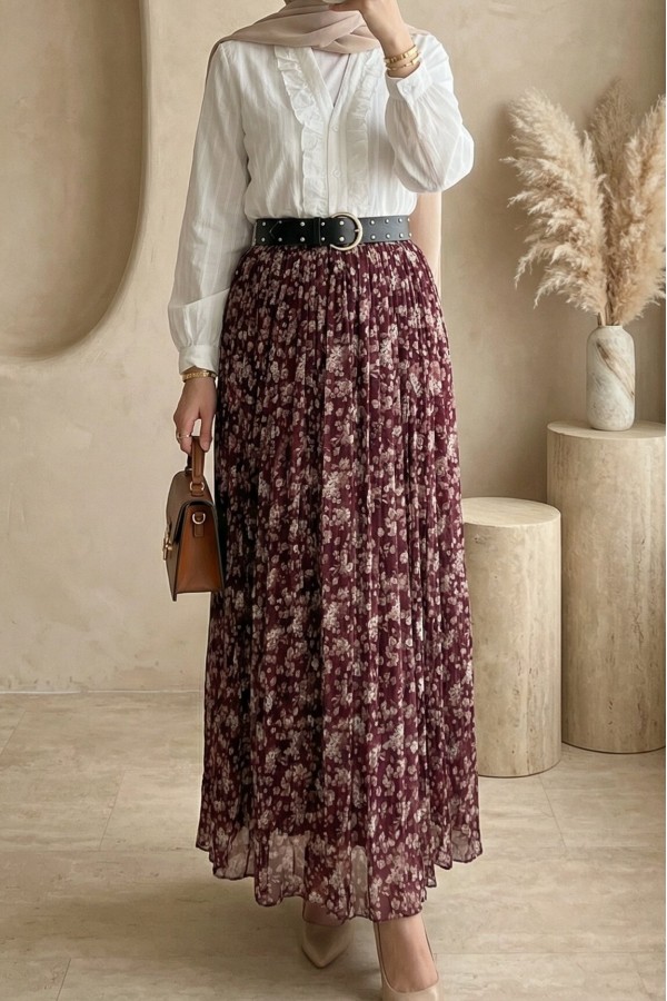 Floral Patterned Lined Chiffon Skirt with Thick Belt -Damson
