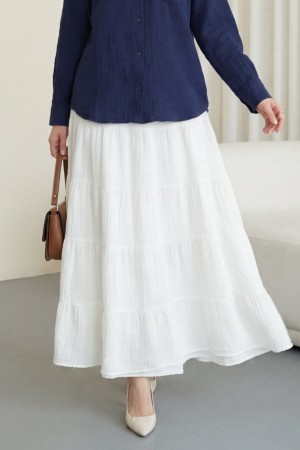 Beli Lastikli Parçalı Müslin Etek -Ekru
