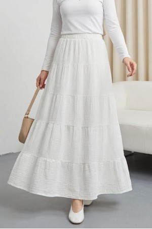 Beli Lastikli Parçalı Müslin Etek -Ekru