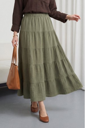 Beli Lastikli Parçalı Müslin Etek -Haki