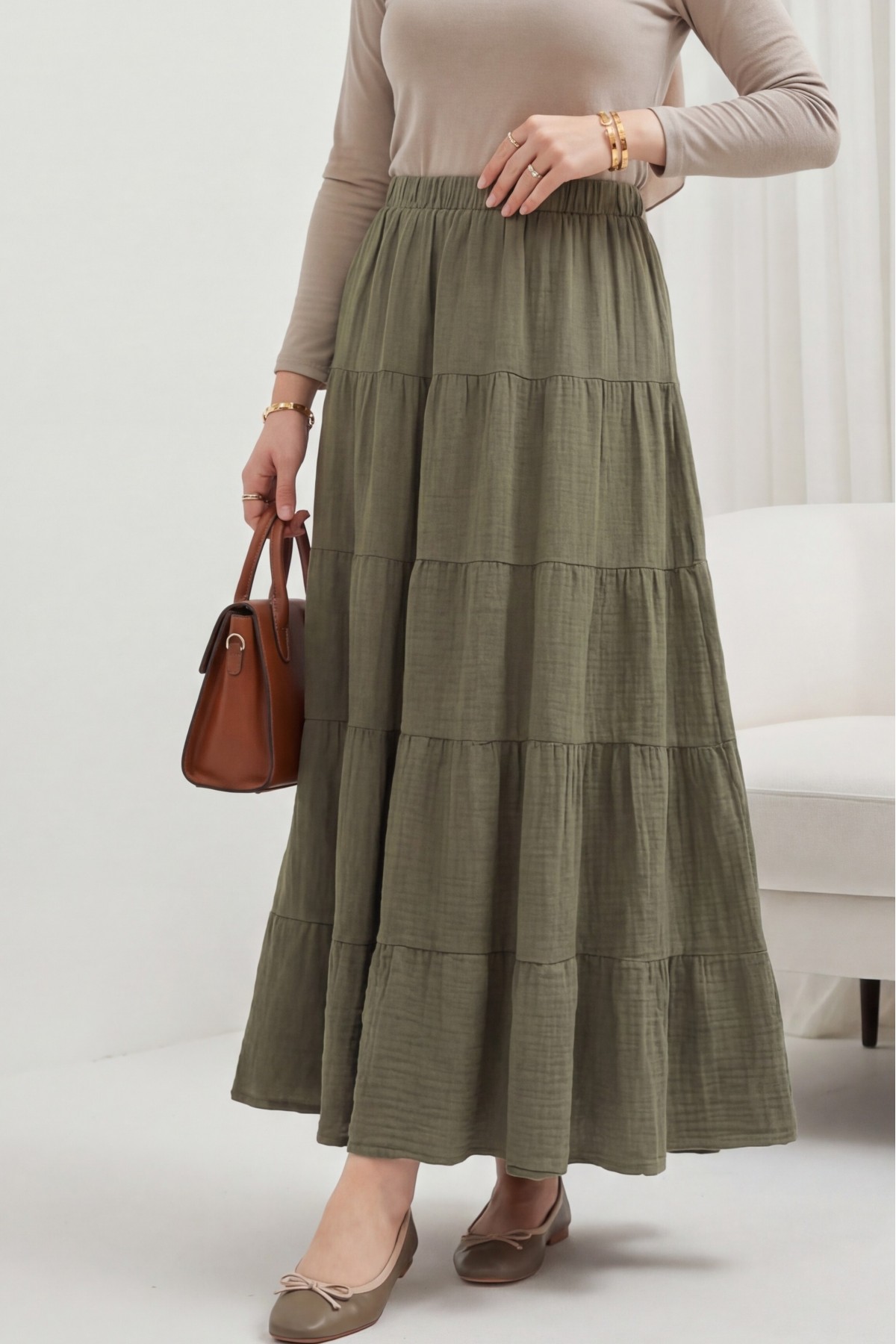 Elastic Waistband Patchwork Muslin Skirt -Khaki detay görseli
