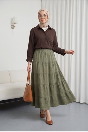 تنورة من قماش الموسلين المرقع بحزام خصر مطاطي -خاكي