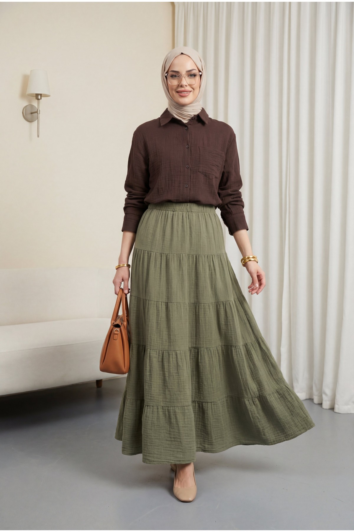 Elastic Waistband Patchwork Muslin Skirt -Khaki