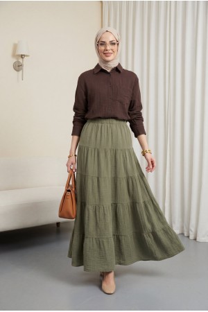 تنورة من قماش الموسلين المرقع بحزام خصر مطاطي -خاكي