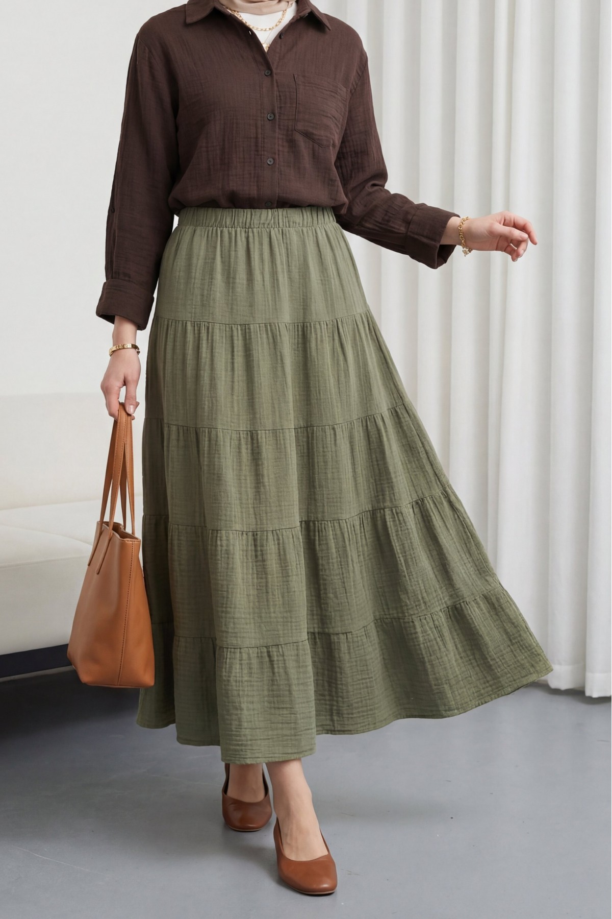 Elastic Waistband Patchwork Muslin Skirt -Khaki