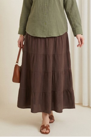 Beli Lastikli Parçalı Müslin Etek -Kahve