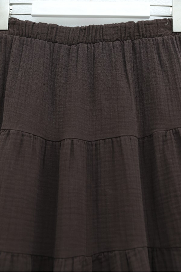 Elastic Waistband Patchwork Muslin Skirt -Brown