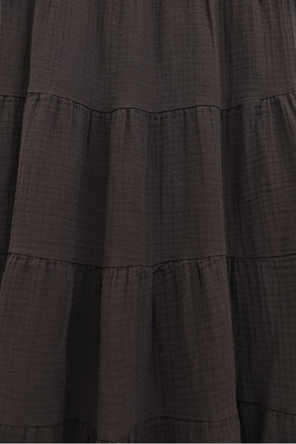 Elastic Waistband Patchwork Muslin Skirt -Brown
