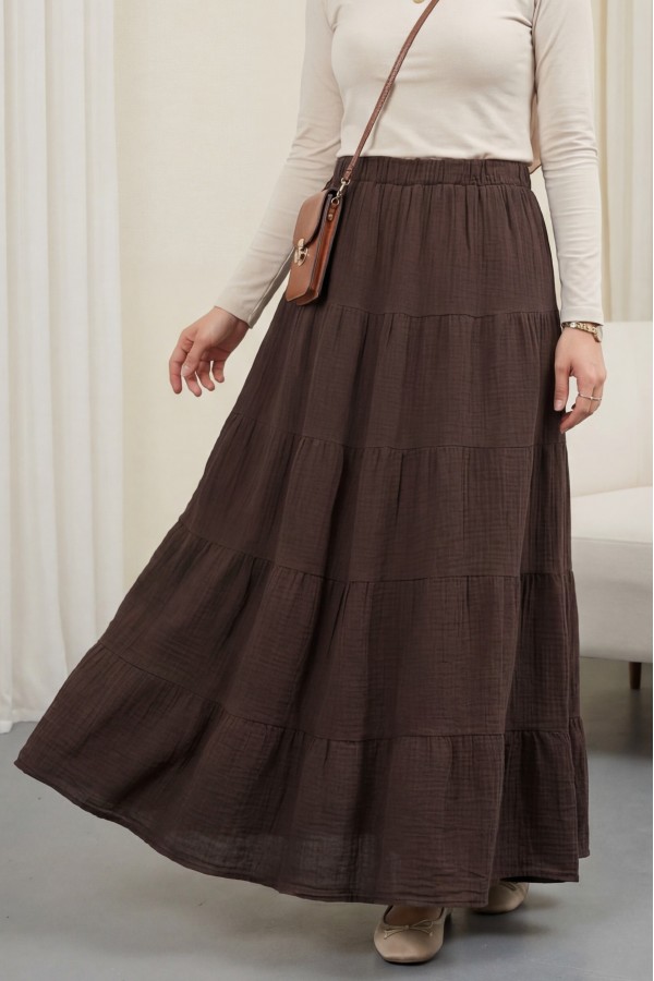 Elastic Waistband Patchwork Muslin Skirt -Brown