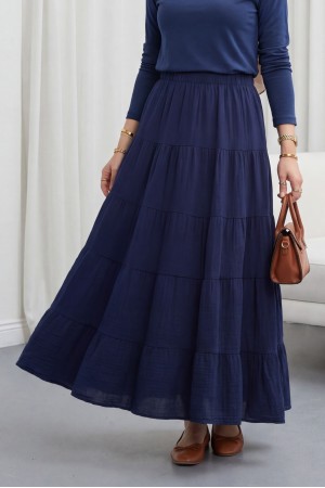 تنورة من قماش الموسلين المرقع بحزام خصر مطاطي -كحلي