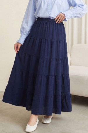 تنورة من قماش الموسلين المرقع بحزام خصر مطاطي -كحلي