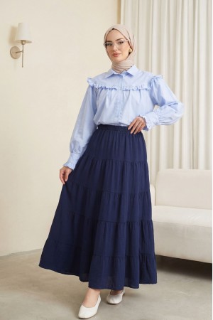 تنورة من قماش الموسلين المرقع بحزام خصر مطاطي -كحلي