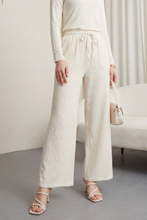 Beli Lastikli Bağcıklı Bol Paça Müslin Pantolon  -Ekru