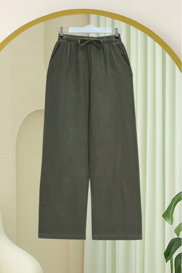 Beli Lastikli Bağcıklı Bol Paça Müslin Pantolon  -Haki