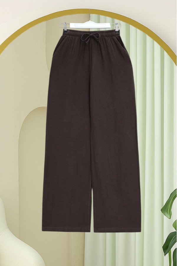 Beli Lastikli Bağcıklı Bol Paça Müslin Pantolon  -Kahverengi