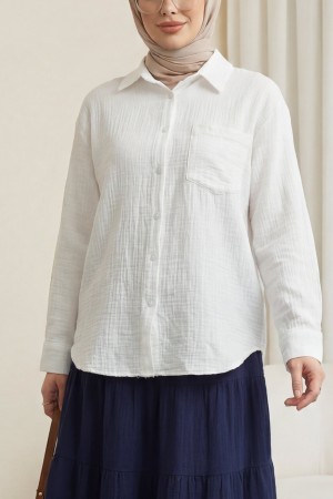Tek Cepli Düğmeli Müslin Gömlek -Ekru