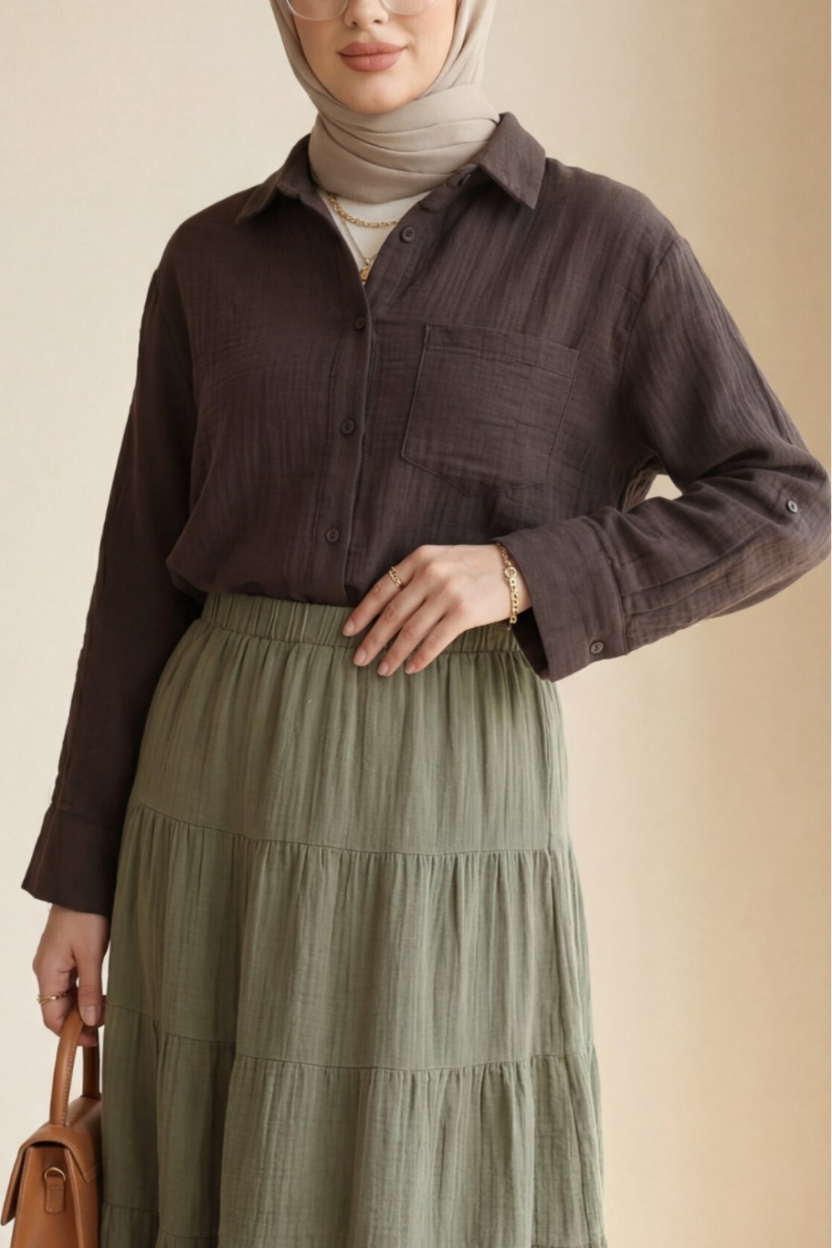 One-Pocket Button-Down Muslin Shirt -Brown