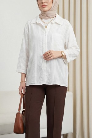 V Yaka Tek Cepli Tensel Yarı Transparan Çizgili Gömlek -Beyaz