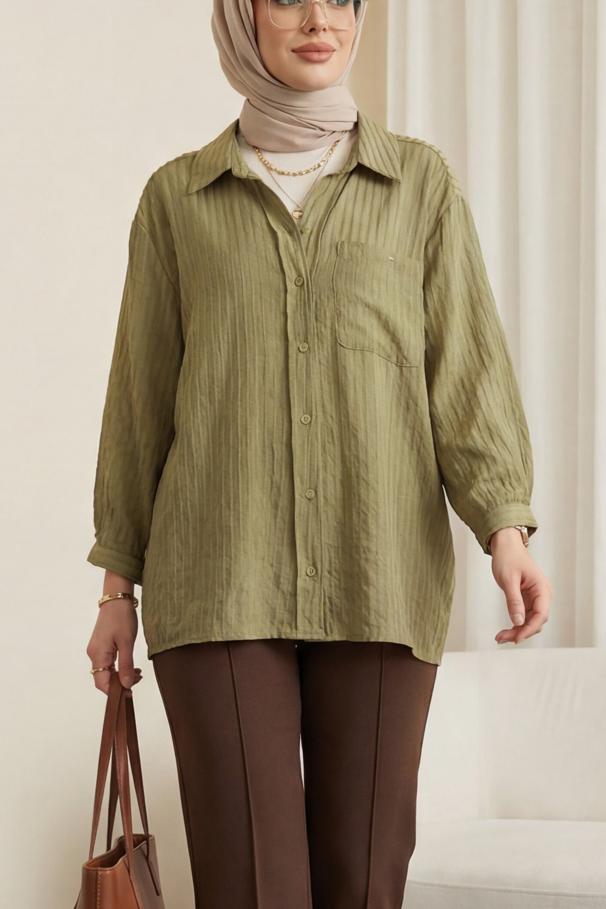 V-Neck Single Pocket Tencel Semi-Sheer Striped Shirt -Khaki