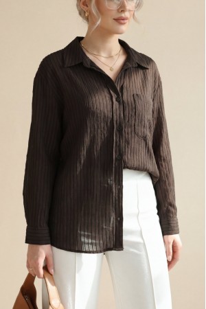 V Yaka Tek Cepli Tensel Yarı Transparan Çizgili Gömlek -K. Kahve