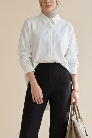 Arkası Uzun Çizgi Desenli Düğmeli Salaş Gömlek -Ekru