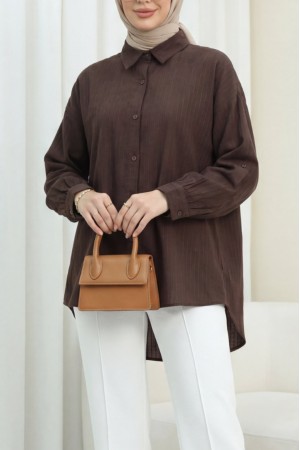 Arkası Uzun Çizgi Desenli Düğmeli Salaş Gömlek -K. Kahve