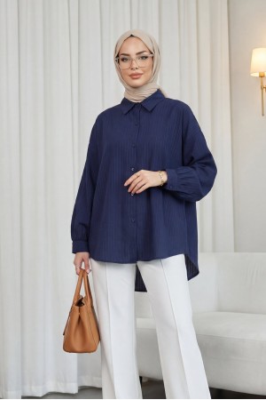 Arkası Uzun Çizgi Desenli Düğmeli Salaş Gömlek -Laci