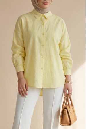 Arkası Uzun Çizgi Desenli Düğmeli Salaş Gömlek -Sarı