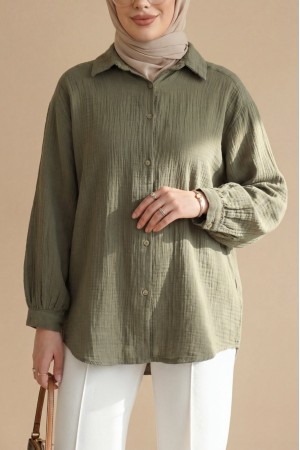 Oval Kesim Düğmeli Müslin Gömlek -Haki