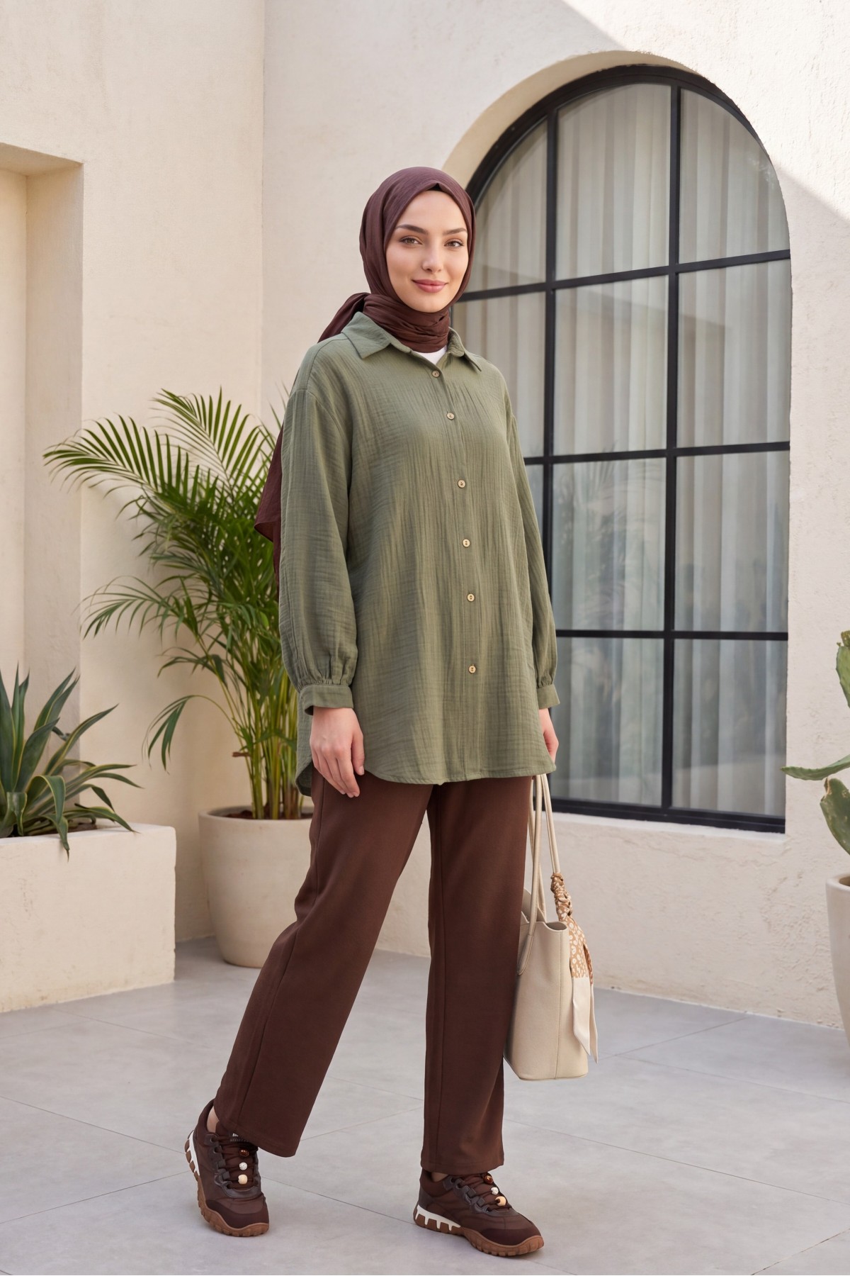 Oval Cut Button-Down Muslin Shirt -Khaki