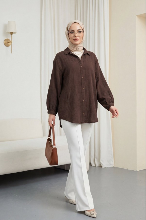 Oval Cut Button-Down Muslin Shirt -Dark Coffee
