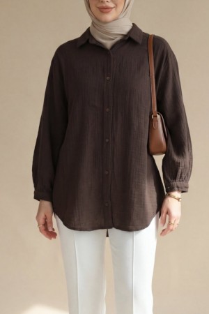 Oval Kesim Düğmeli Müslin Gömlek -K. Kahve