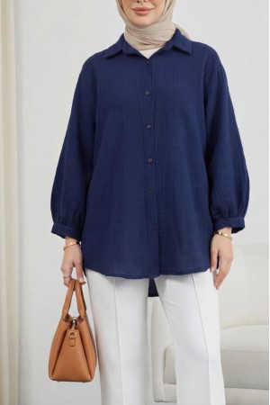 Oval Kesim Düğmeli Müslin Gömlek -Laci